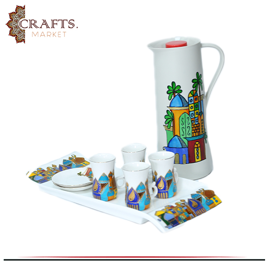 Hand-painted Porcelain and Thermoplastic Tea Set, 14 pieces