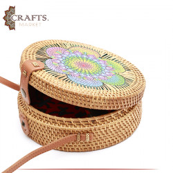 Handmade Beige Straw Women's Handbag Decorated with Mandala Design