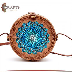 Handmade Beige Straw Women's Handbag Decorated with Mandala Design