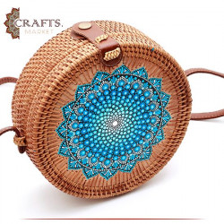Handmade Beige Straw Women's Handbag Decorated with Mandala Design