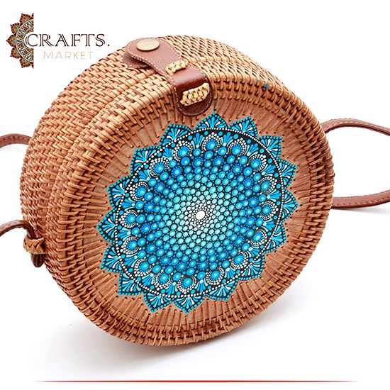 Handmade Beige Straw Women's Handbag Decorated with Mandala Design Handmade Beige Straw Women's Handbag Decorated with Mandala Design