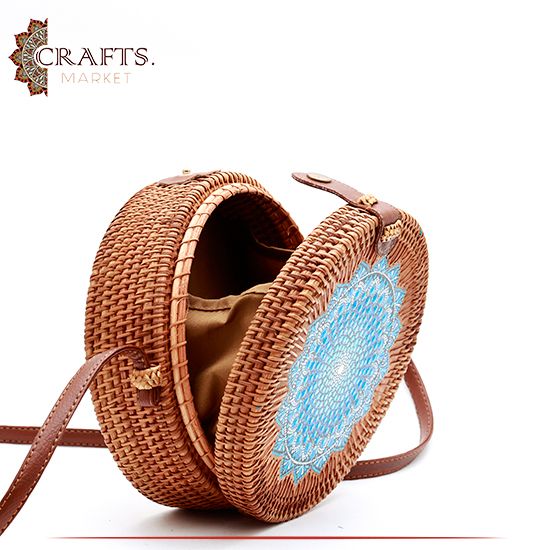 Handmade Beige Straw Women's Handbag Decorated with Mandala Design Handmade Beige Straw Women's Handbag Decorated with Mandala Design