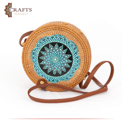 Handmade  honey-colored Straw Women's Bag decorated with a mandala design