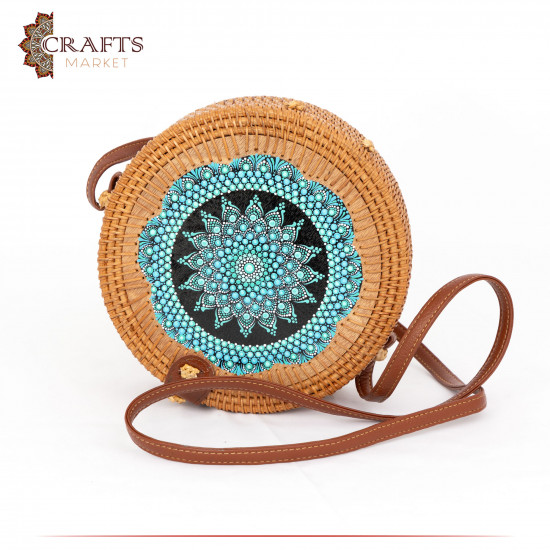 Handmade  honey-colored Straw Women's Bag decorated with a mandala design