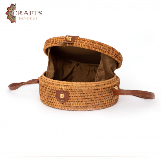 Handmade  honey-colored Straw Women's Bag decorated with a mandala design