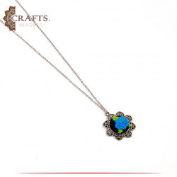  Silver Metal Necklace with a Hand-embroidered Pendant  Blue Rose design.