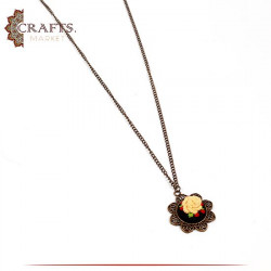  Brass  Metal Necklace with a Hand-embroidered Pendant  Yellow Rose design