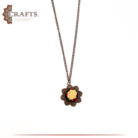 Brass Metal Necklace with a Hand-embroidered Pendant Yellow Rose design Brass Metal Necklace with a Hand-embroidered Pendant Yellow Rose design