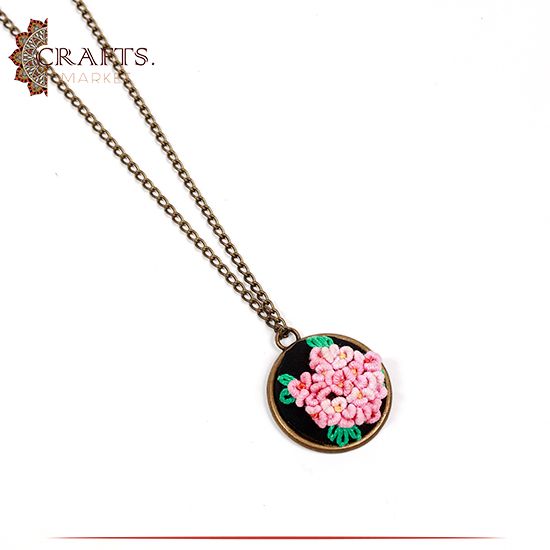 Handmade Brass Metal Necklace with a Hand-embroidered Pendant Roses design. Handmade Brass Metal Necklace with a Hand-embroidered Pendant Roses design.
