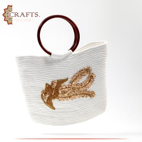 Handmade White Cotton Women Hand Bag with Bird design Handmade White Cotton Women Hand Bag with Bird design