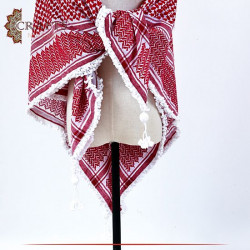 White & Red Shemagh knitted and fringed by hand 