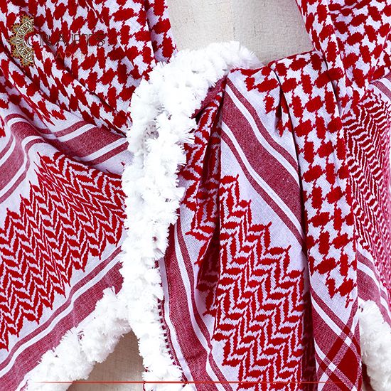 White & Red Shemagh knitted and fringed by hand 