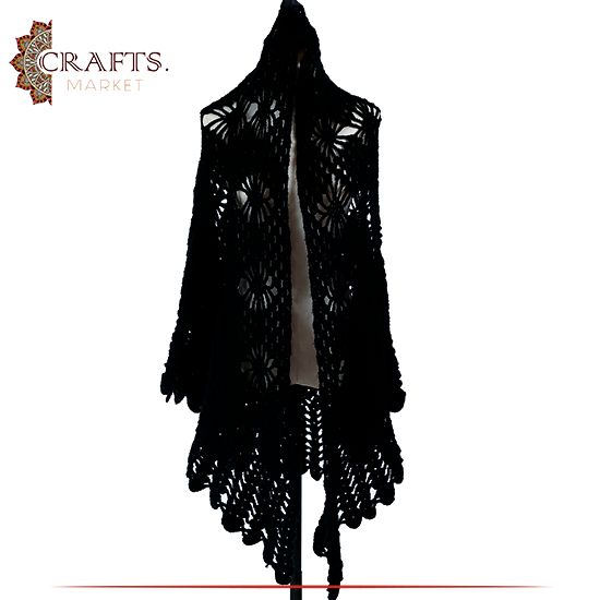 Hand-knitted Black Wool Women Scarf 