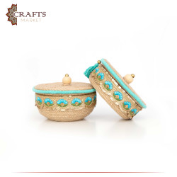 Handcrafted Duo-Color Round Burlap Covered Plate Set with an Indian Design, 2 PCs