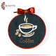 Handcrafted Cotton Round Embroidery Hoop Table Decor in a Coffee Design Handcrafted Cotton Round Embroidery Hoop Table Decor in a Coffee Design