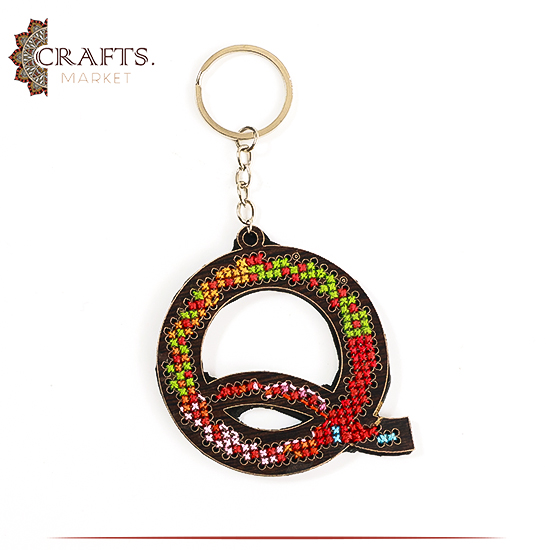 Handmade Wooden Key Chain Adorned with Embroidery Letter Q Handmade Wooden Key Chain Adorned with Embroidery Letter Q