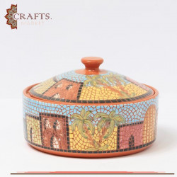Handmade Clay Serving Dish with Mosaic Village Design 