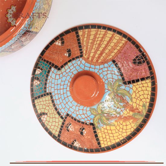 Handmade Clay Serving Dish with Mosaic Village Design Handmade Clay Serving Dish with Mosaic Village Design