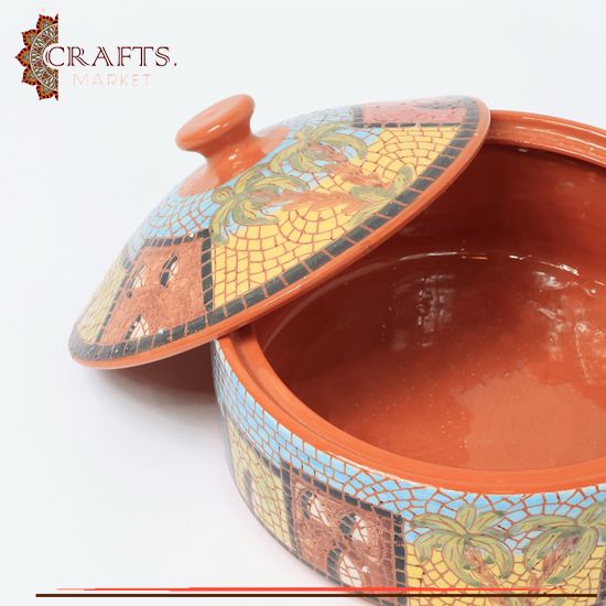 Handmade Clay Serving Dish with Mosaic Village Design Handmade Clay Serving Dish with Mosaic Village Design