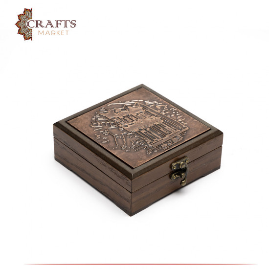 Small wooden box with Petra design decorated with hand-hammered copper