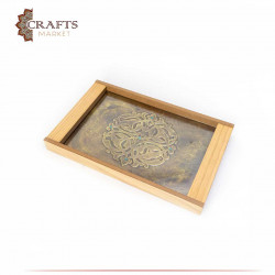 Wooden serving tray decorated with copper and beads