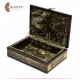 A wooden box decorated with copper and Islamic engravings A wooden box decorated with copper and Islamic engravings