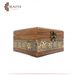 A small wooden box decorated with copper with dallah and coffee cups design