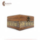 A small wooden box decorated with copper with dallah and coffee cups design A small wooden box decorated with copper with dallah and coffee cups design