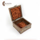 A small wooden box decorated with copper with dallah and coffee cups design A small wooden box decorated with copper with dallah and coffee cups design