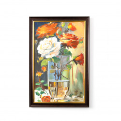 A painting with the design of a vase with a group of roses inside