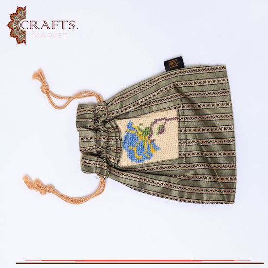 Hand-Embroidered Fabric Mini Pouch in a Blue Flower Design 
