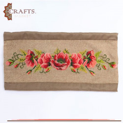 Hand-Embroidered Burlap Pillow Cover in Red Flowers Design 