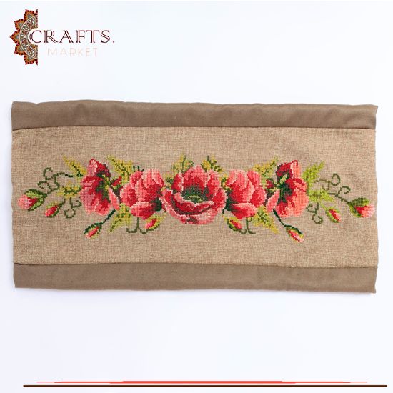 Hand-Embroidered Burlap Pillow Cover in Red Flowers Design 