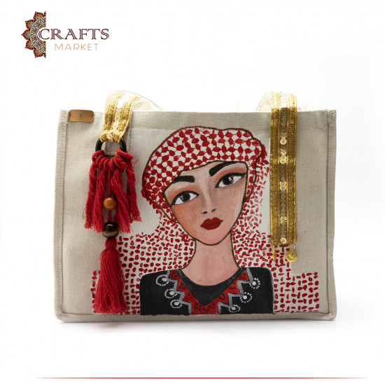 حقيبة نسائية من الكتان مطرزة و مرسومة يدويا بتصميمفتاة الشماغ حقيبة نسائية من الكتان مطرزة و مرسومة يدويا بتصميمفتاة الشماغ