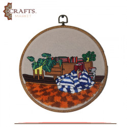 Handcrafted Beige Linen Round Embroidery Hoop in Reading lover Design 