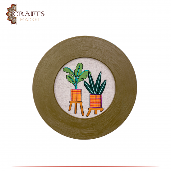 Handcrafted Olive Green Embroidery Wall Art in a Plant Design 