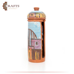 Handmade Multi-Color Arabic Coffee Clay Cups Set with a stand  with a village design 8 Pcs 