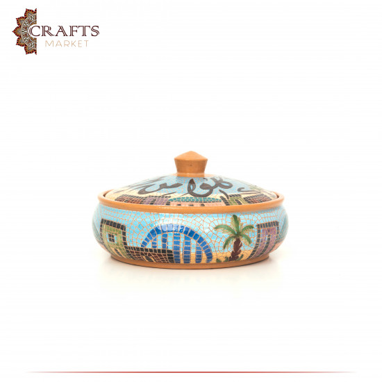 Handmade Multi-Color Clay Serving Dish with Cover with كلو من طيبات ما رزقناكم Design Handmade Multi-Color Clay Serving Dish with Cover with كلو من طيبات ما رزقناكم Design