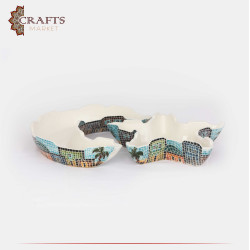 Handmade Multi-Color Serving Plate Set with a Star & Crescent shape Adorned with Village Design, 2PCs