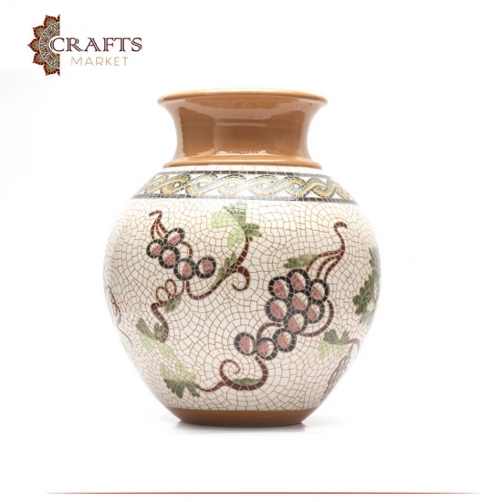 Tree of Life and Grapes Clay Vase - Needle Drawing