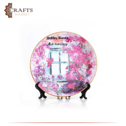 Hand-painted Multi Color Porcelain Plate Decoupage Art in a Spring Window Design