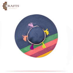 Handmade Navy Beach Straw Sun Hat  with a Rainbow design