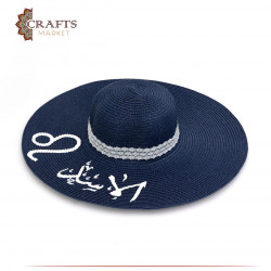 Handmade navy blue Beach Straw Sun Hat with a Leo design