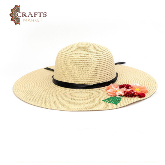 Handmade beige Beach Straw Sun Hat with a Roses design Handmade beige Beach Straw Sun Hat with a Roses design