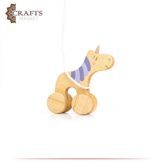 Handcrafted Brown Wooden Pull Toy Unicorn Design Handcrafted Brown Wooden Pull Toy Unicorn Design