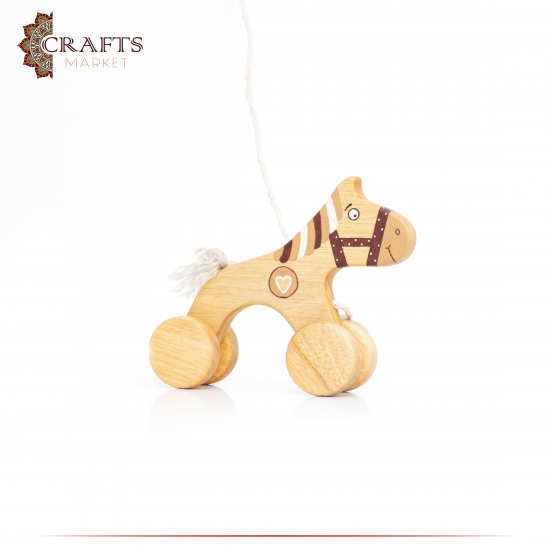 Handcrafted Brown Wooden Pull Toy Red Horse Design Handcrafted Brown Wooden Pull Toy Red Horse Design