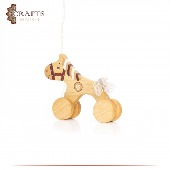 Handcrafted Brown Wooden Pull Toy Red Horse Design Handcrafted Brown Wooden Pull Toy Red Horse Design