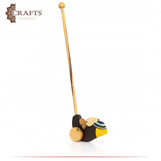 Handcrafted Burnt Brown Wooden Push Toy Natural Sparrow Design Handcrafted Burnt Brown Wooden Push Toy Natural Sparrow Design