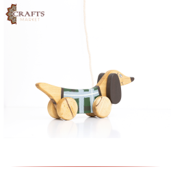 Handcrafted Brown Wooden Pull Toy  Green Dachshund  Design 