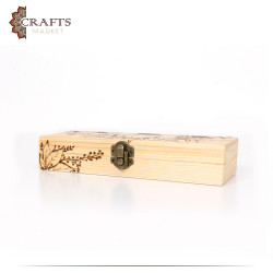 Pyrography Art Handmade Beige Wood Box with a Flowers Decoration